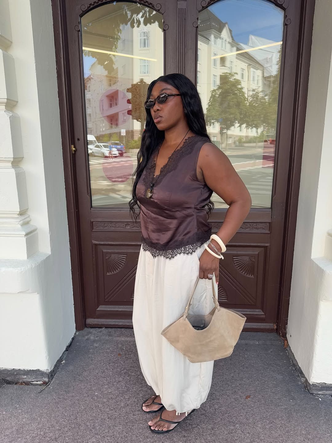 Brown Satin Camisole with Lace Trim and Cream Maxi Skirt — Satin Top Outfits