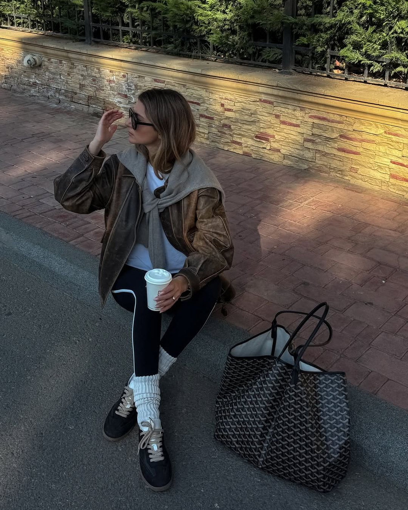 Leather Jacket, Leg Warmers, and Retro Sneakers — Retro Sneakers Outfits