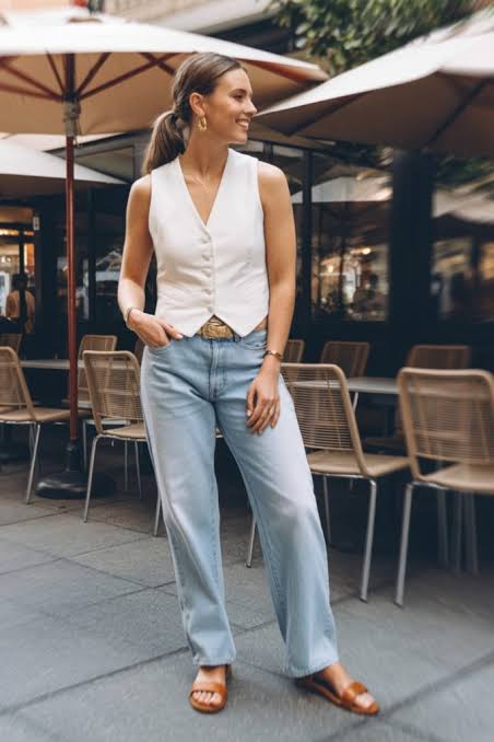 White Button-Up Vest with Light Wash Straight Leg Jeans — Straight Leg Jeans Outfits