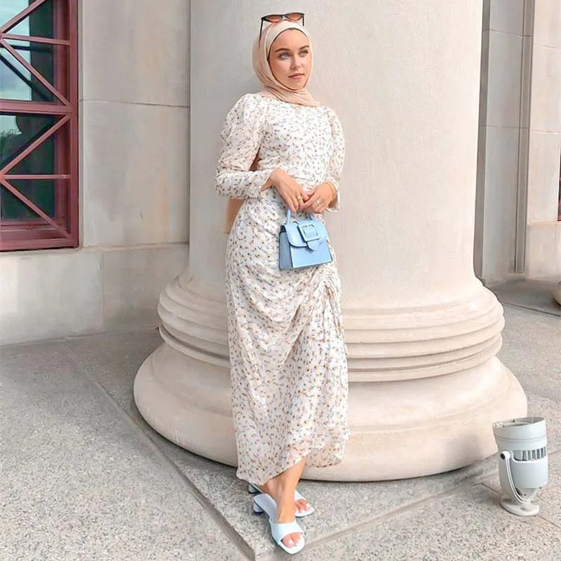 Floral Maxi Dress with Beige Hijab and White Sandals — Hijab Outfits