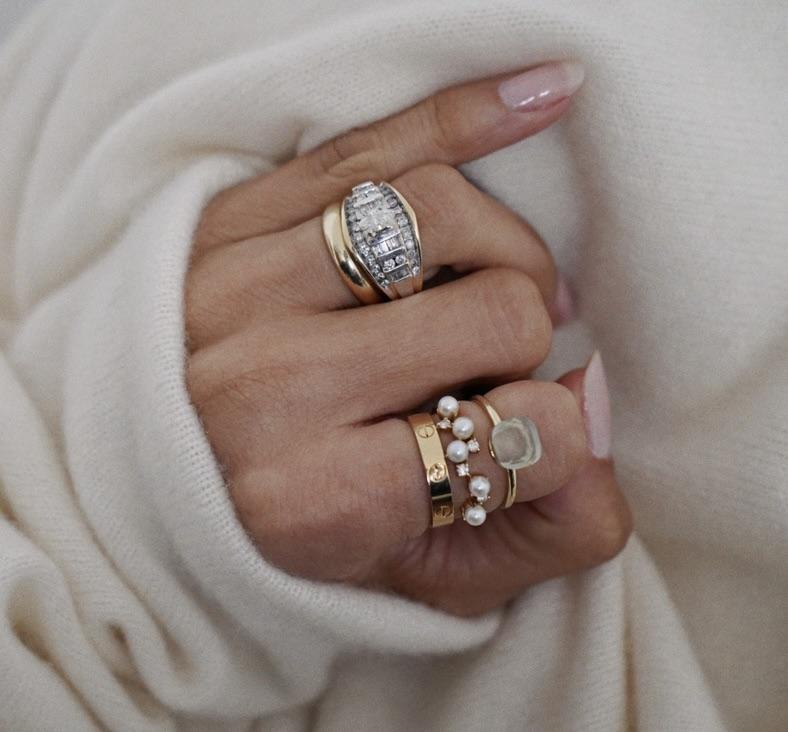 Pearl and Diamond Stack with Cream Sweater Pearl and Diamond Stack with Cream Sweater — Stacked Rings