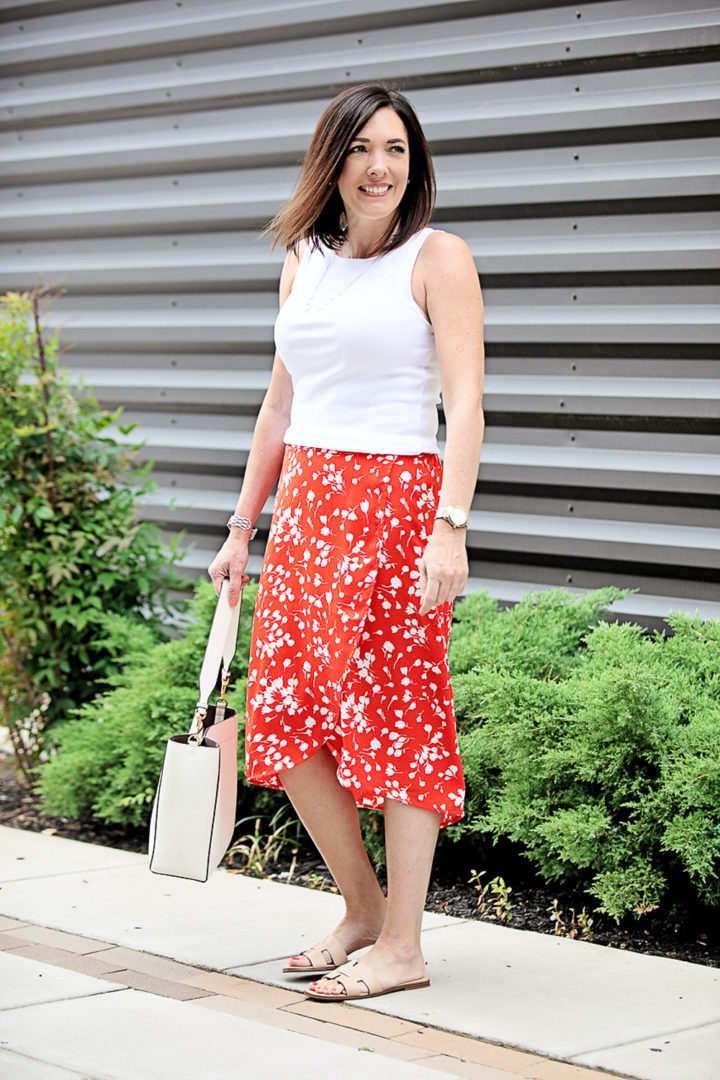 Red Floral Print Midi Skirt with White Sleeveless Top — Midi Skirt Outfits