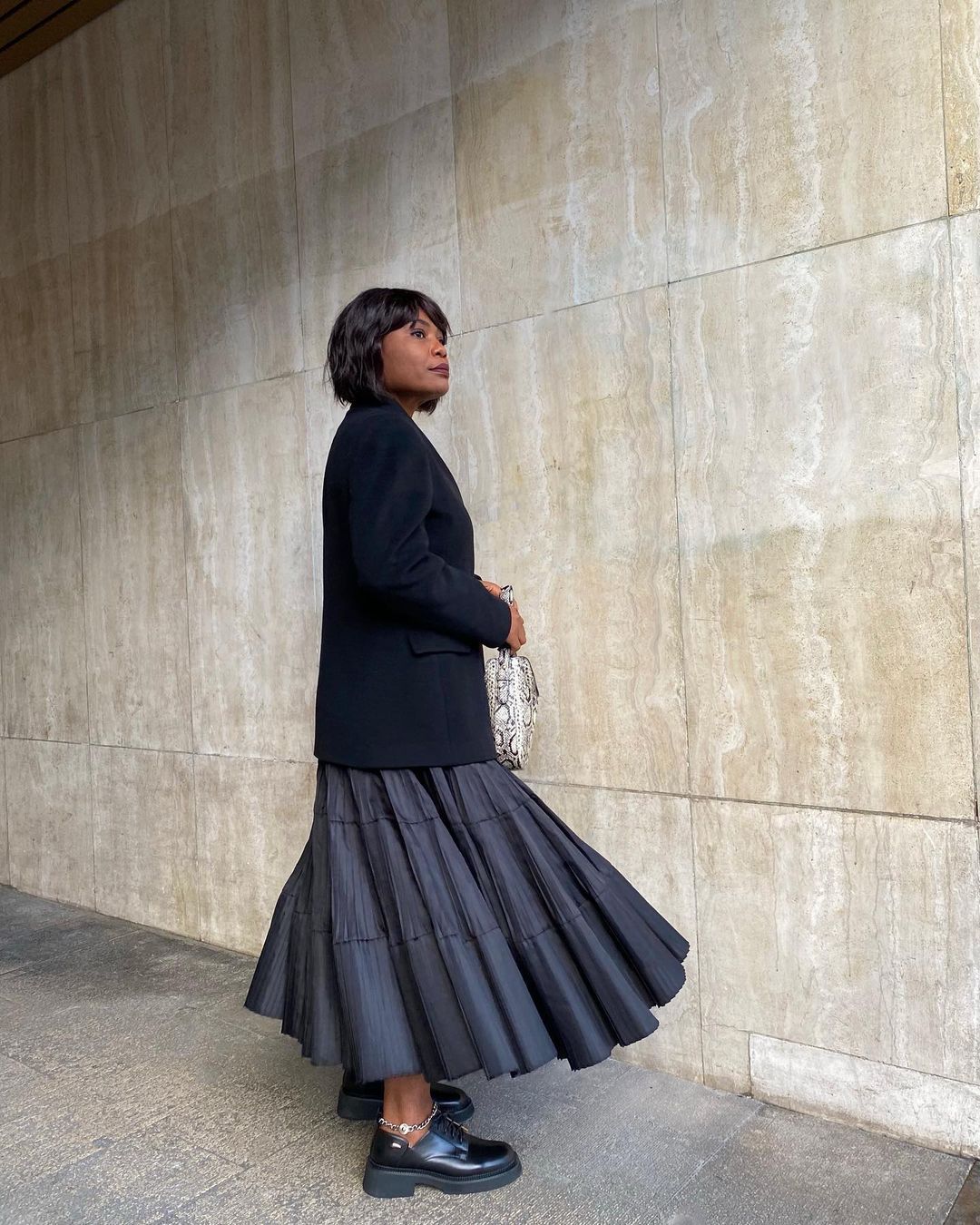Blazer and Pleated Midi Skirt with Chunky Loafers — Penny Loafers Outfits