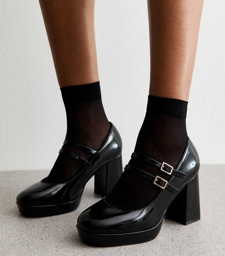 Retro-Inspired Black Mary Jane Platform Heels with Sheer Socks — Platform Heels Outfits