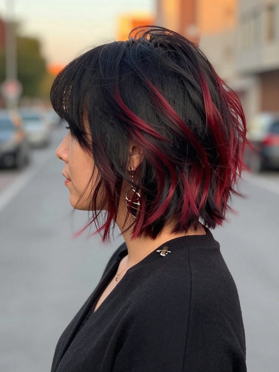 Shoulder Visual Idea Shoulder Visual Idea — Red Highlights on Black Hair