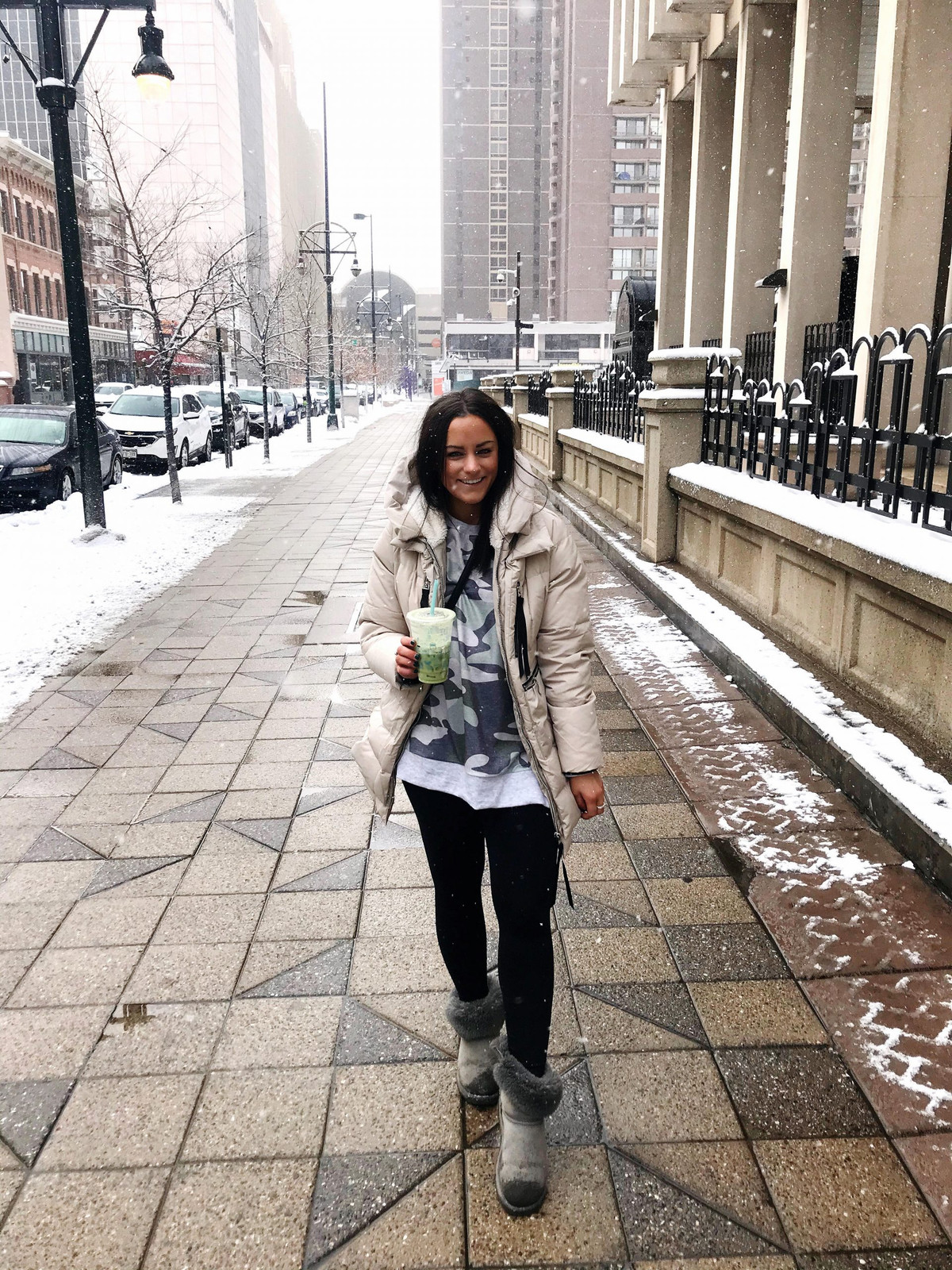 Cream Puffer Jacket Over Camouflage Top and Leggings for Winter — Colorado Outfits
