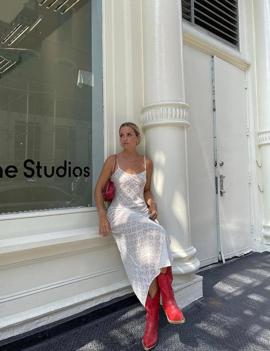 Lace Slip Dress with Bold Red Cowboy Boots — Cowboy Boot Outfits with Dress