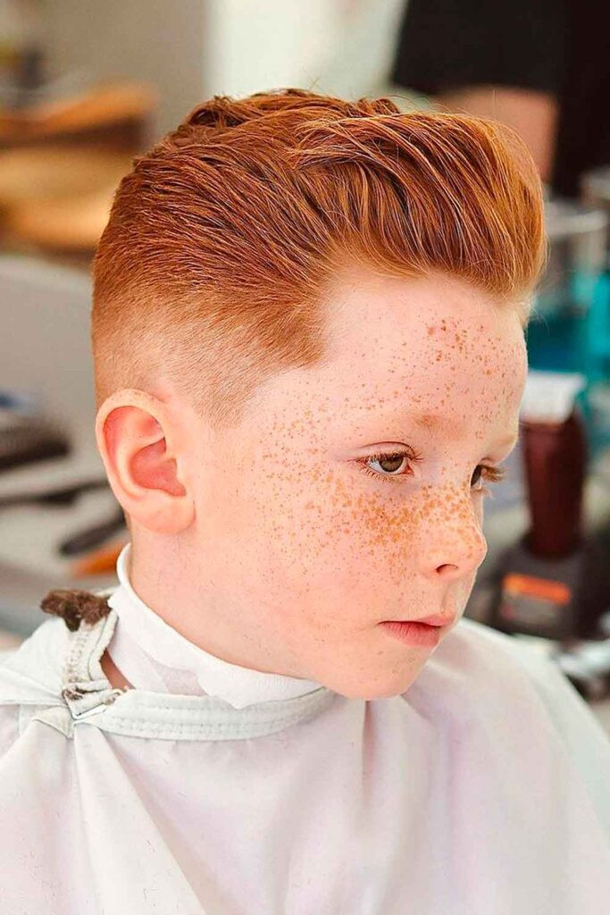 High Fade With Slicked Up Reddish Hair — Toddler Boy Haircuts