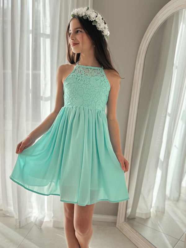 Mint Green Halter Neck Dress with Lace Bodice — Tween Dresses
