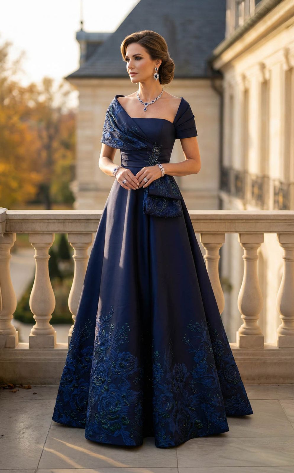 Navy Blue Ball Gown with Asymmetrical Neckline and Embroidery Navy Blue Ball Gown with Asymmetrical Neckline and Embroidery — Ball Gowns