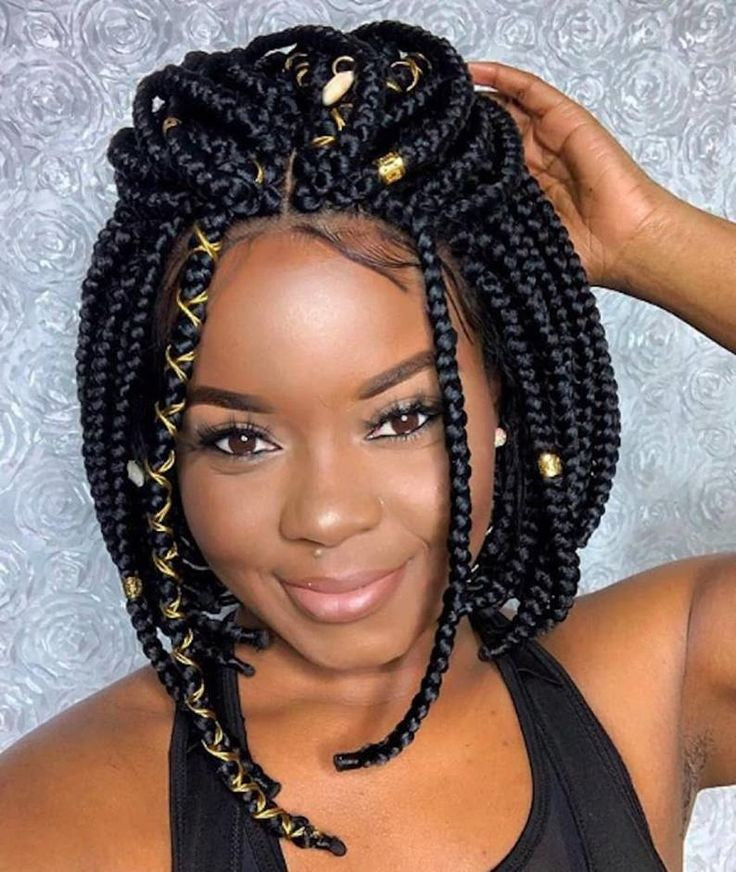 Short Box Braids With Gold Accents Short Box Braids With Gold Accents — Braids with Beads