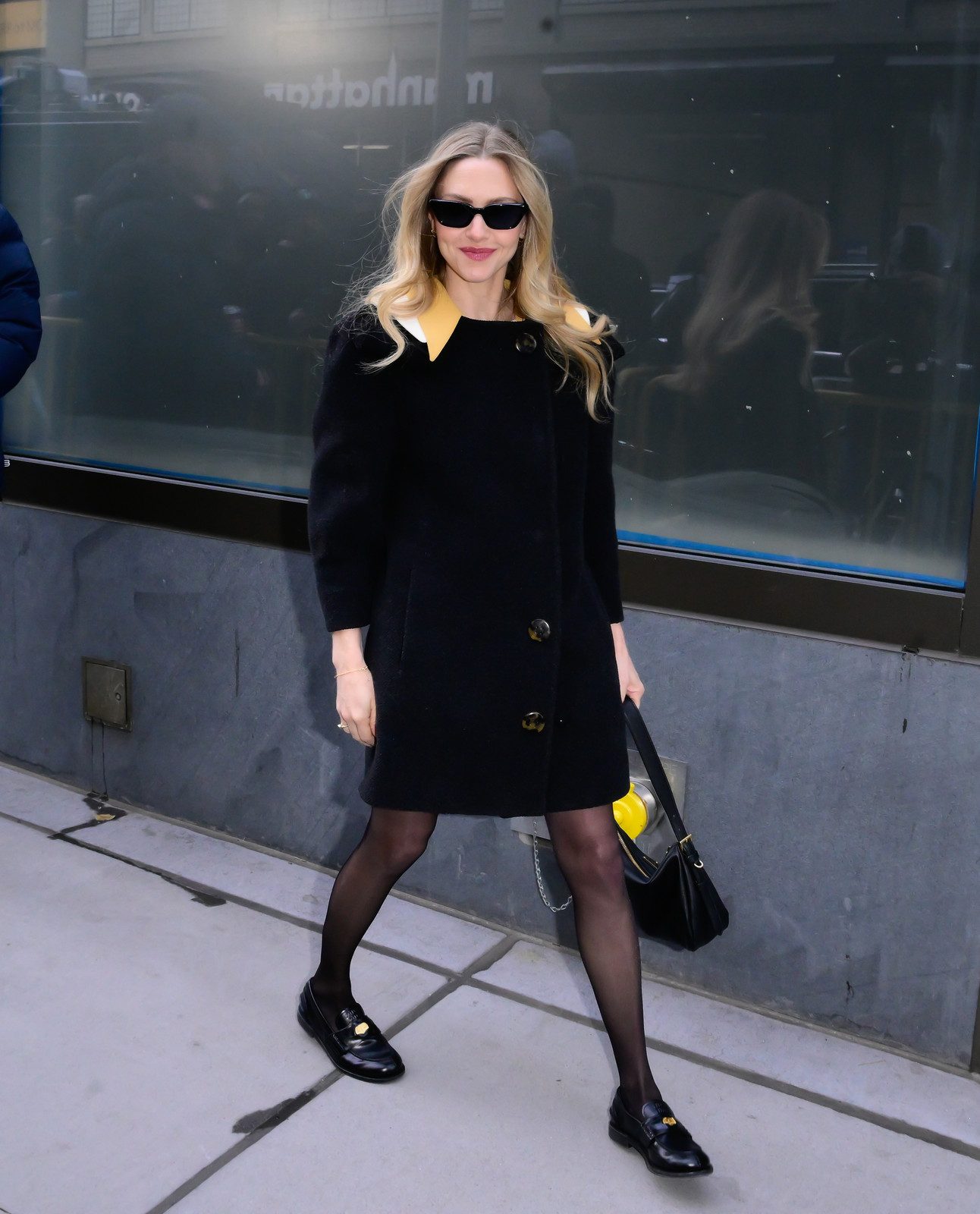 Black Coat Dress with Yellow Collar, Loafers and Tights — Loafers with Dress Outfits