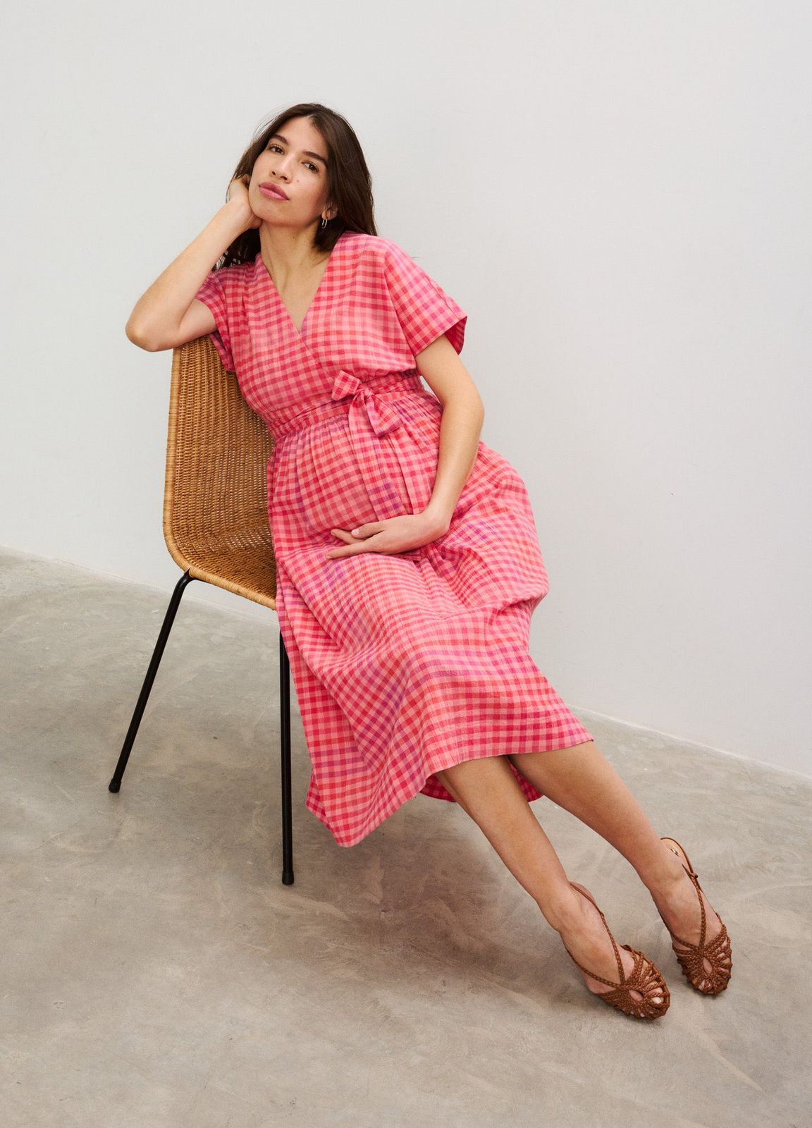 Pink Gingham Check Maternity Midi Dress with Tie Waist Pink Gingham Check Maternity Midi Dress with Tie Waist — Maternity Dresses