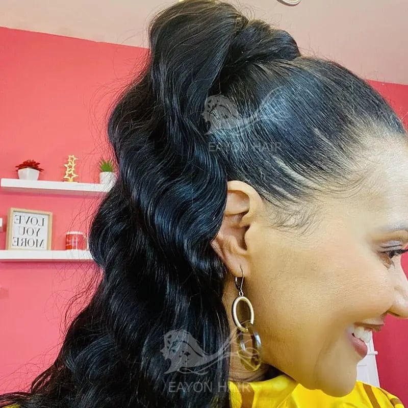 Wavy Black Ponytail Wrap Detail — Wrap Around Ponytail