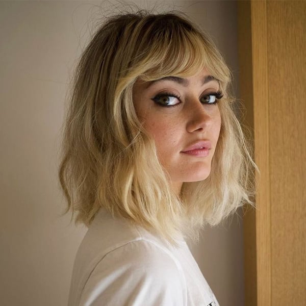 Blonde Wavy Bob with White T-Shirt — Bottleneck Bangs
