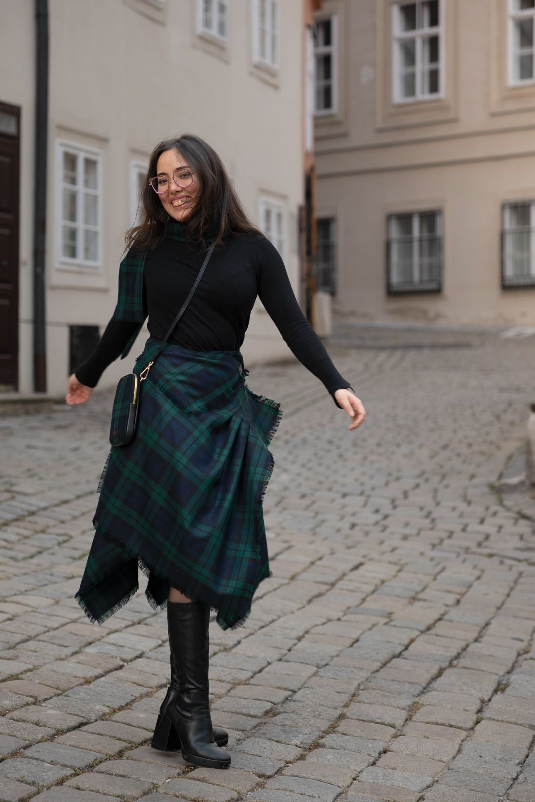 Tartan Wrap Skirt with Black Turtleneck and Knee-High Boots — Scotland Outfits
