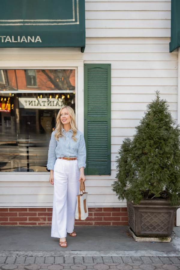 Casual Daytime White Linen Pants with Striped Shirt — Wide Leg Pants Outfits