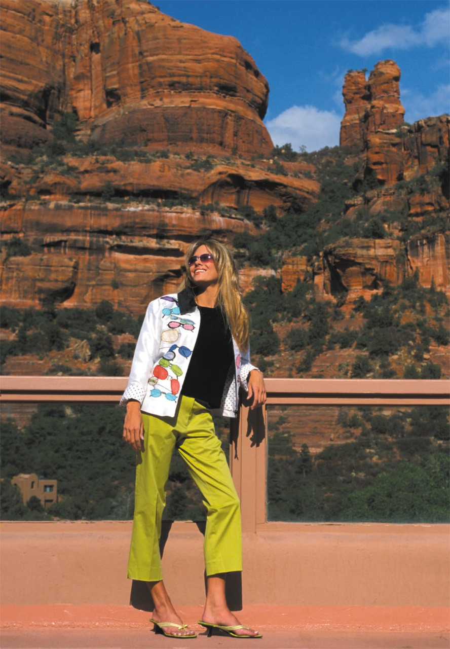 Bold Patterned Jacket with Lime Green Trousers — Sedona Outfits