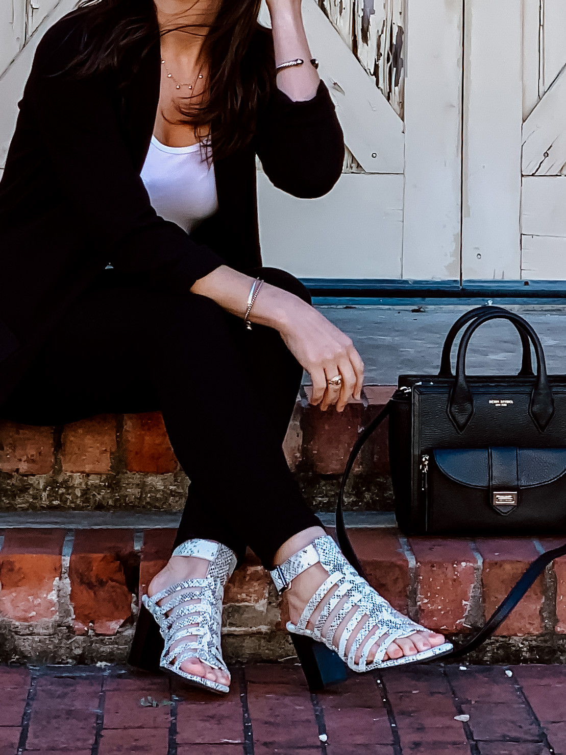 Smart Casual Sophistication: Snakeskin Caged Heels with Trousers and Blazer Smart Casual Sophistication: Snakeskin Caged Heels with Trousers and Blazer — Strappy Heels Outfits