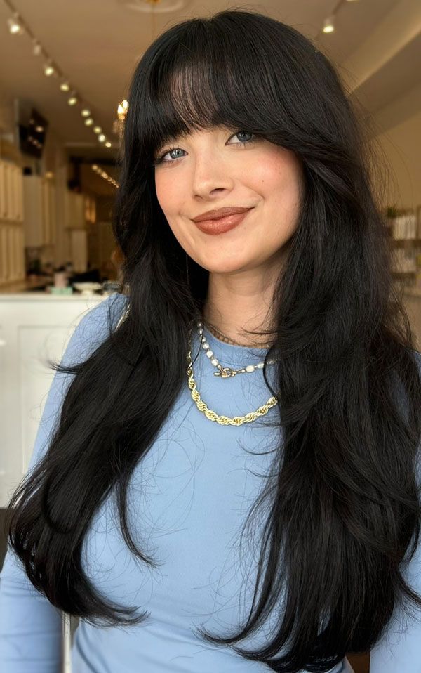 Long Layers Mid-Back Straight Hair With Wispy Bangs — Natural Hair with Bangs