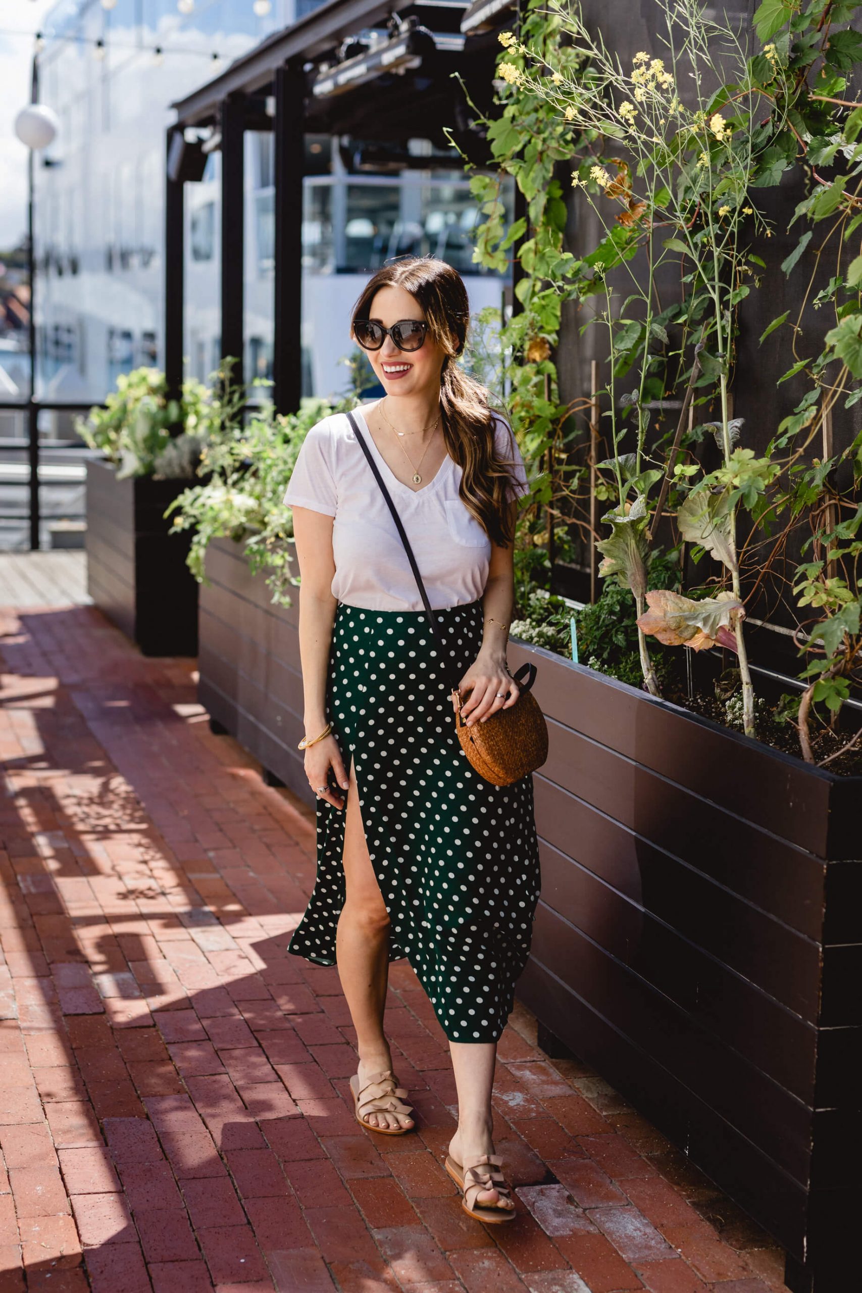 Polka Dot Midi Skirt with High Slit and Flat Sandals Polka Dot Midi Skirt with High Slit and Flat Sandals — Midi Skirts