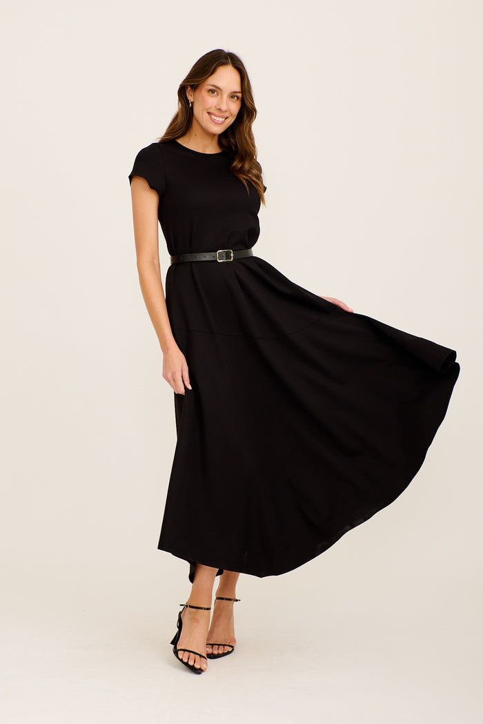 Belted A-Line Midi Dress with Gold Hoops — Funeral Dresses
