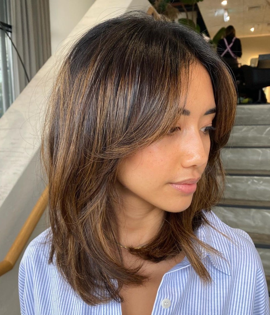 Dark Brown With Subtle Highlights Visual Idea — Medium Hair with Bangs