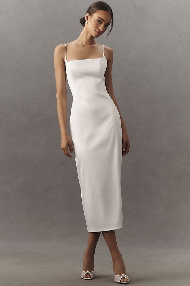 White Satin Midi Dress with Slim Fit for Cocktail Events White Satin Midi Dress with Slim Fit for Cocktail Events — Square Neck Dresses