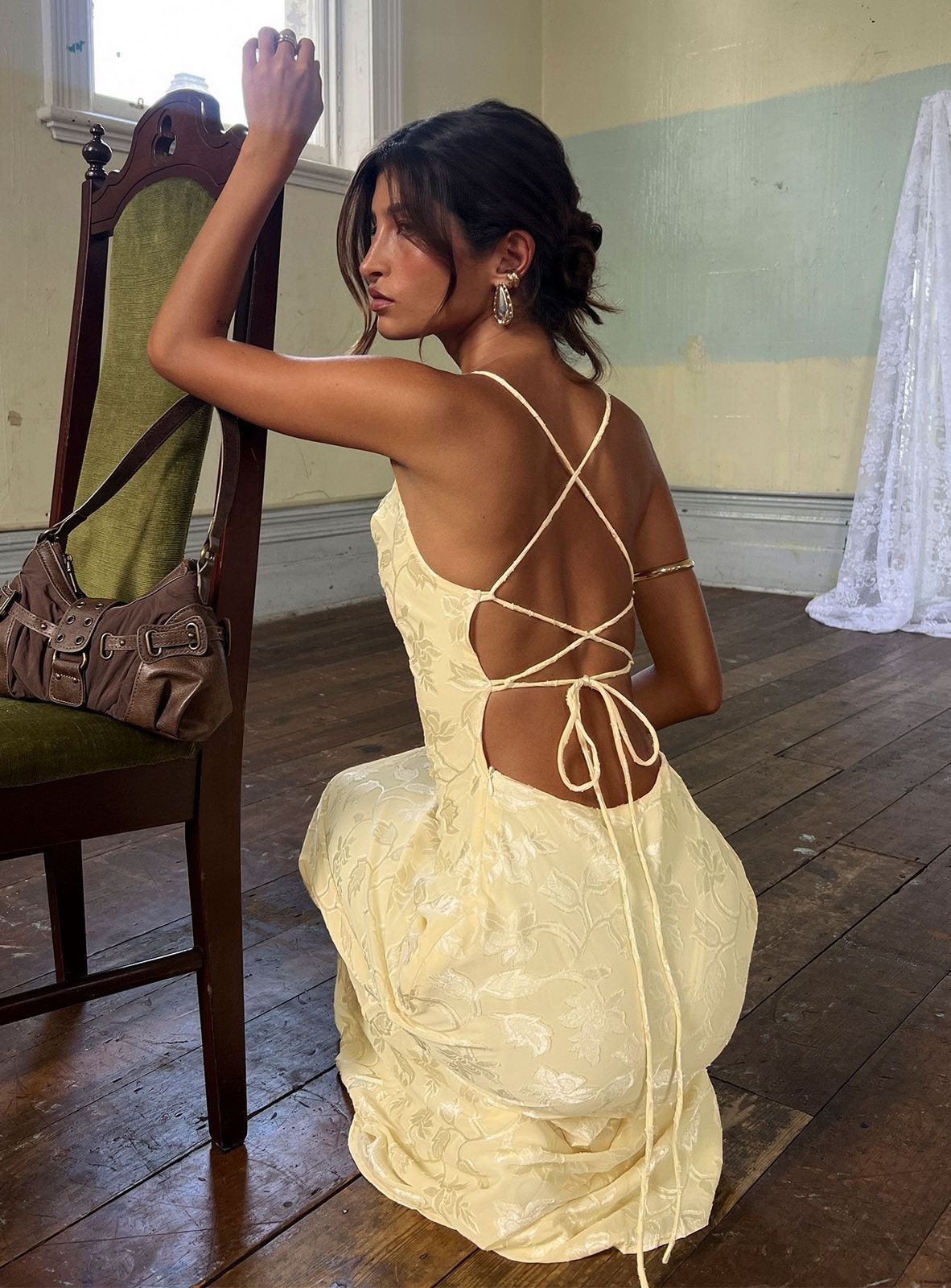 Evening Formal Pale Yellow Jacquard Maxi with Criss-Cross Back Evening Formal Pale Yellow Jacquard Maxi with Criss-Cross Back — Backless Dresses