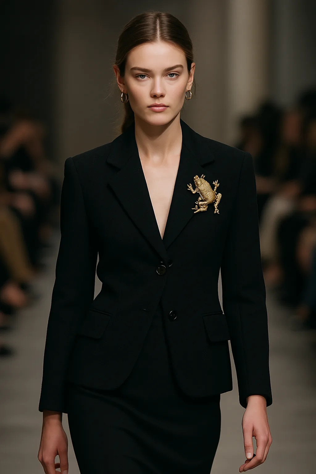 Tailored Black Suit with a Statement Frog Brooch Tailored Black Suit with a Statement Frog Brooch — Brooch Outfits