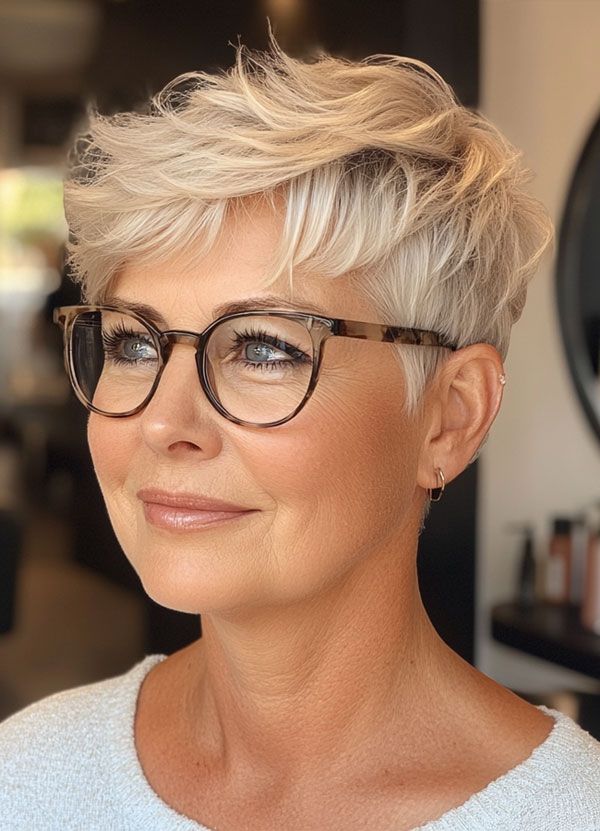 Textured Platinum Pixie With Side Swept Bangs — Hairstyles with Glasses