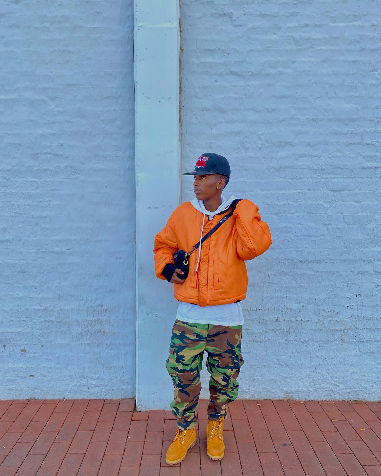 Orange Bomber Jacket with Camo Pants — Mens Streetwear Outfits