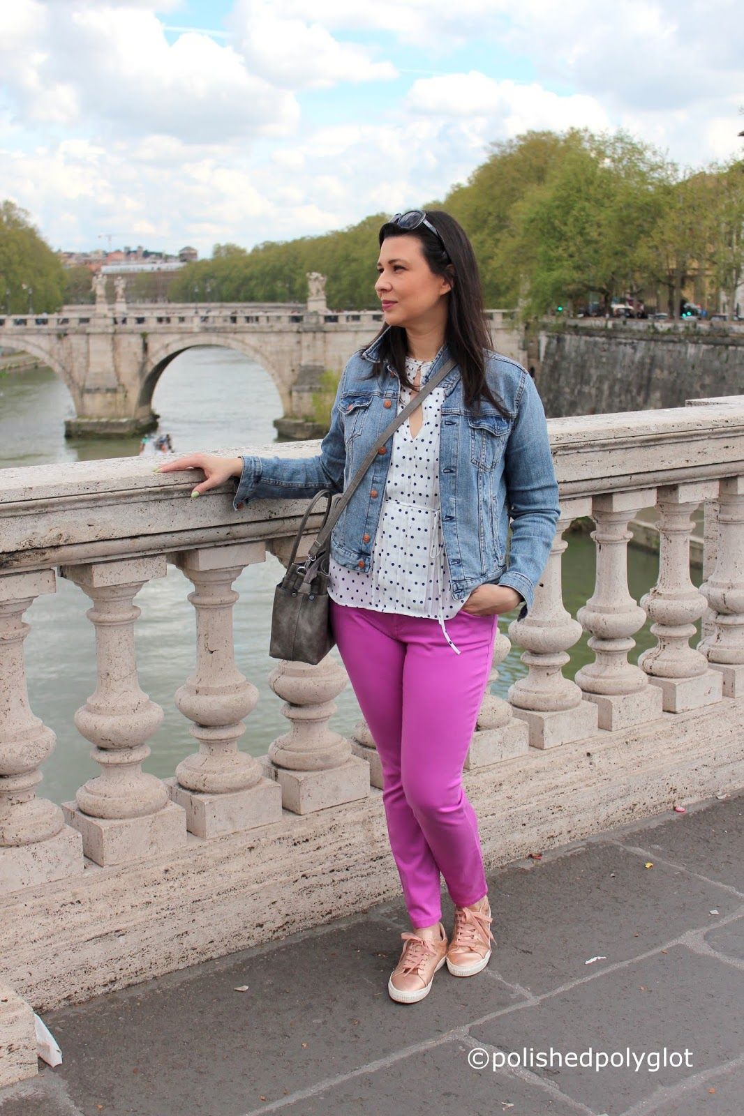Denim Jacket, Pink Pants, and Rose Gold Sneakers Denim Jacket, Pink Pants, and Rose Gold Sneakers — Rome Outfits