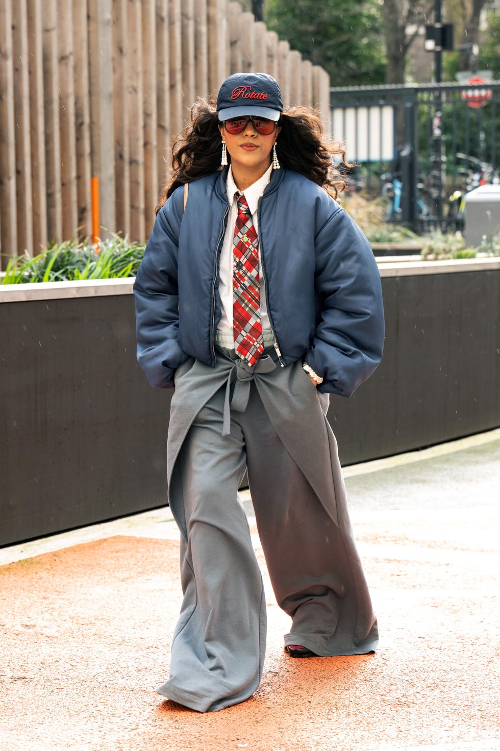 Blue Bomber Jacket with Plaid Tie and Wrap Trousers — Bomber Jacket Outfits