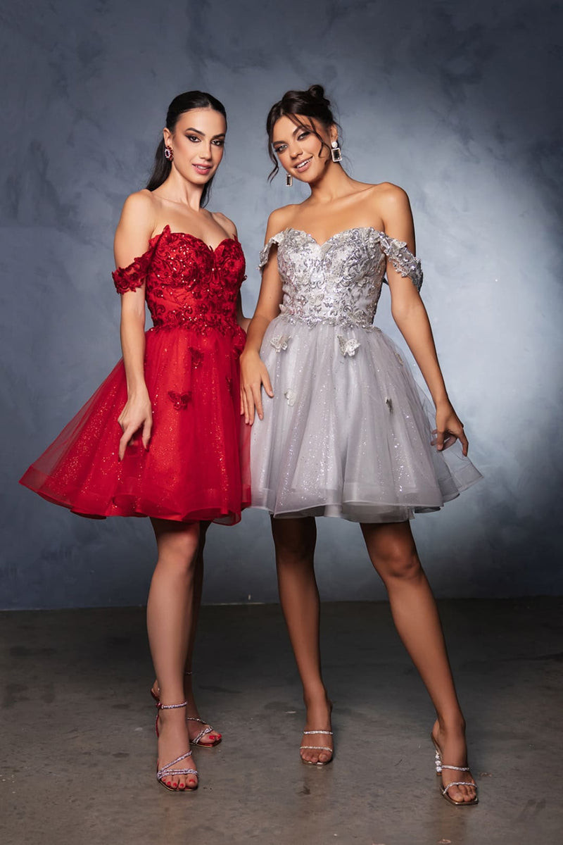 Red and Silver Off-the-Shoulder Cocktail Dresses with Embellishments Red and Silver Off-the-Shoulder Cocktail Dresses with Embellishments — Semi Formal Outfits