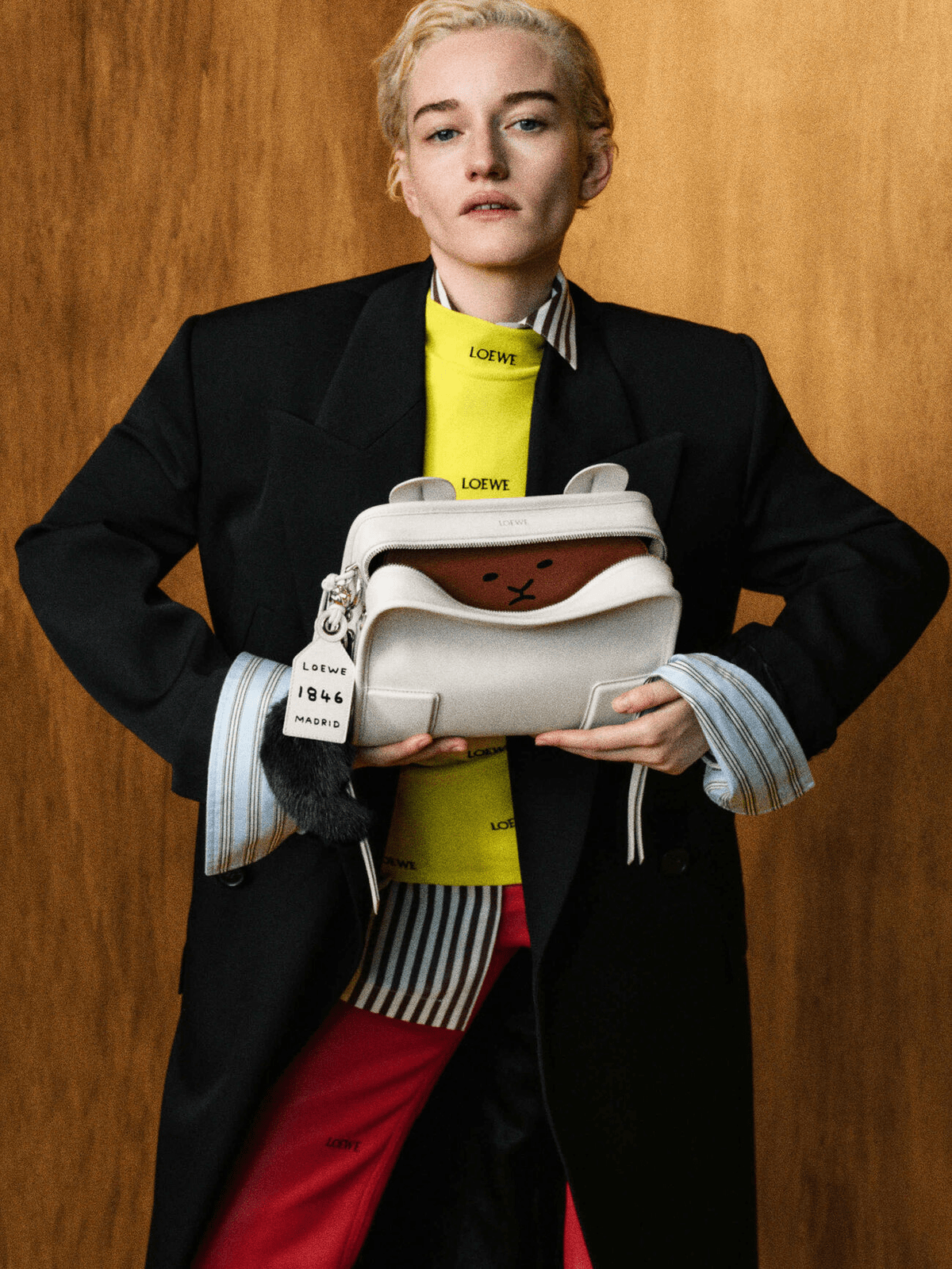 Editorial Fashion Play with a White Loewe Bag and Bear Charm — Loewe Bag Outfits