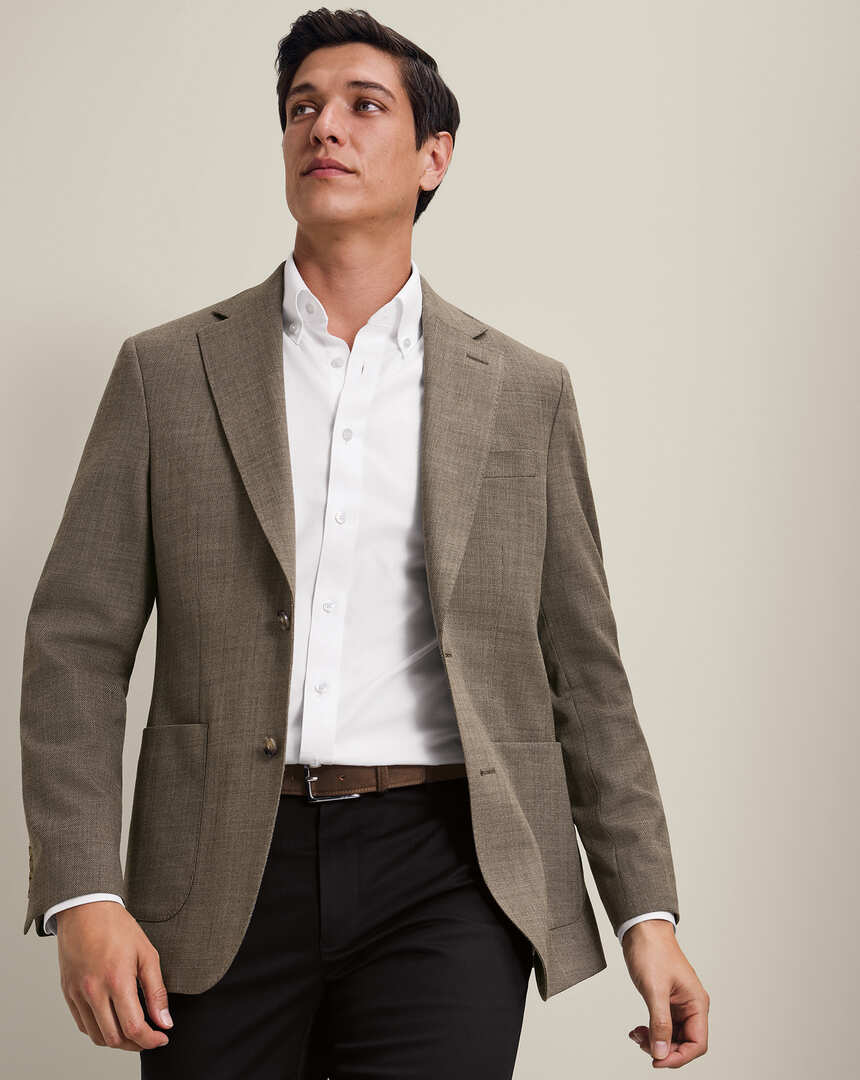 Textured Brown Blazer with White Shirt and Black Trousers Textured Brown Blazer with White Shirt and Black Trousers — Mens Business Casual Outfits