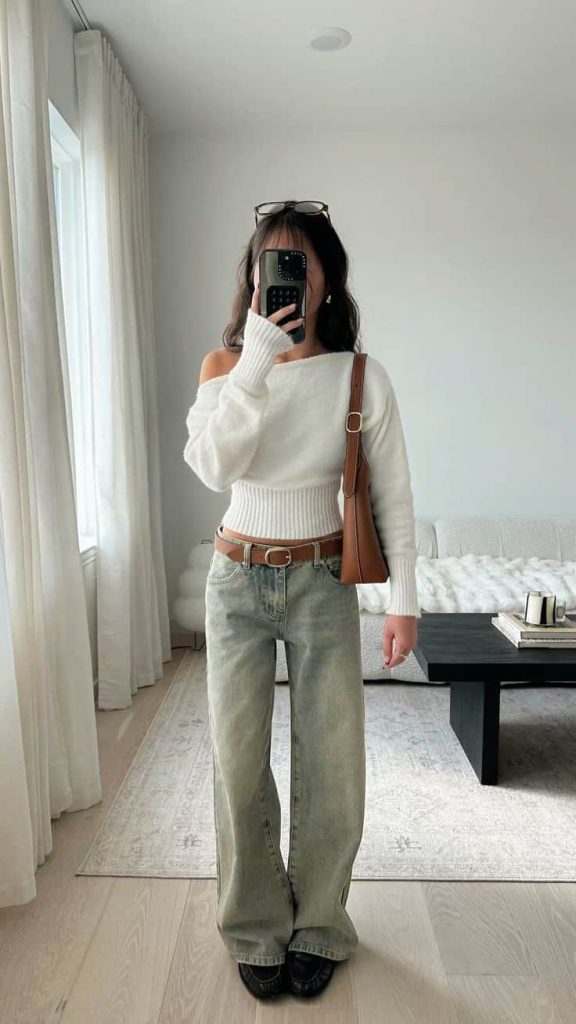 Off-the-Shoulder Ease: Knit Sweater with Wide-Leg Jeans — It Girl Outfits