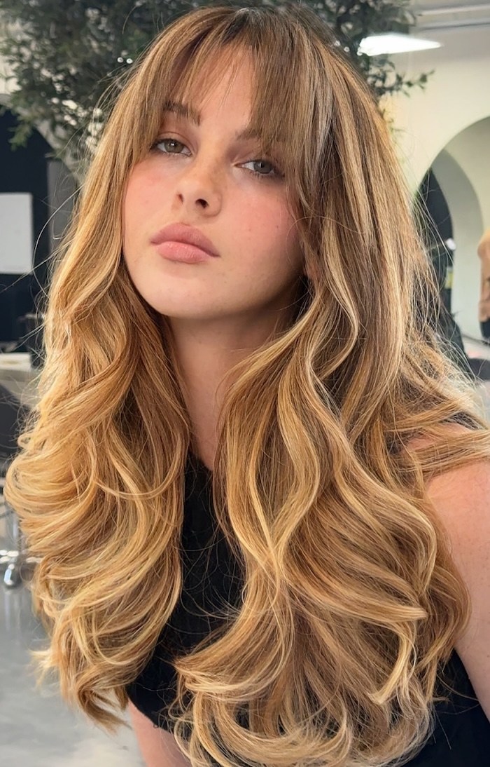 Honey Butter Blonde Long Layers with Curtain Bangs For Thick Hair