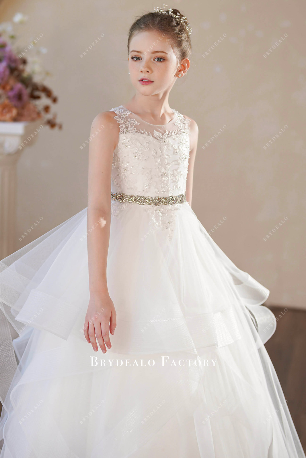 Ruffled Tier Tulle A-Line Dress with Beaded Belt and Headband Ruffled Tier Tulle A-Line Dress with Beaded Belt and Headband — First Communion Outfits