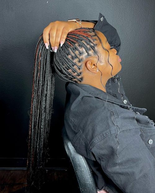 Box Braids High Ponytail With Red Highlights