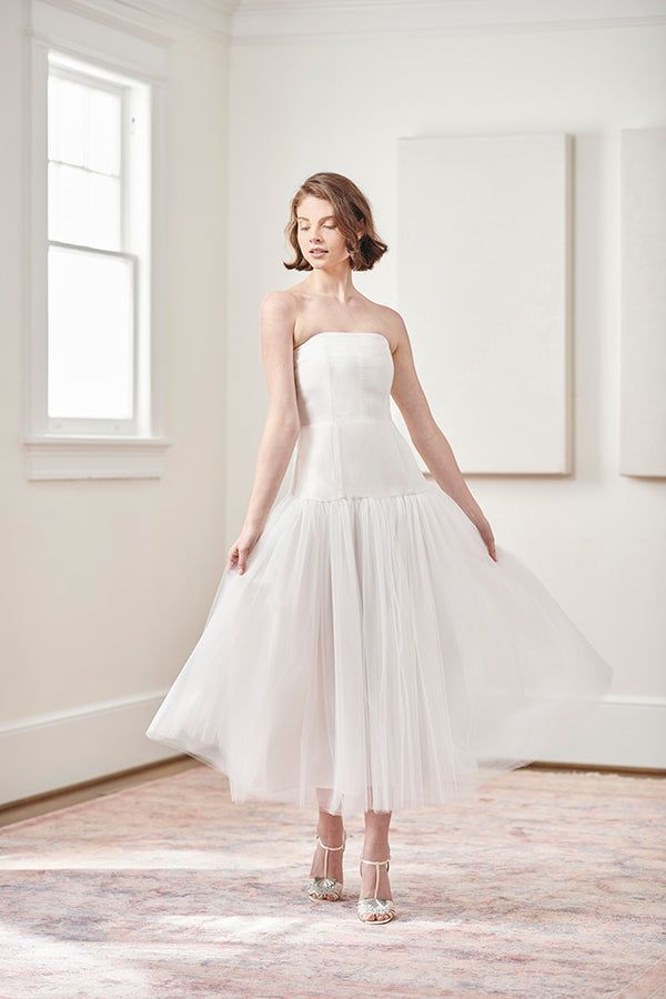 White Strapless Midi Dress with Voluminous Tulle Skirt — Rehearsal Dinner Dresses