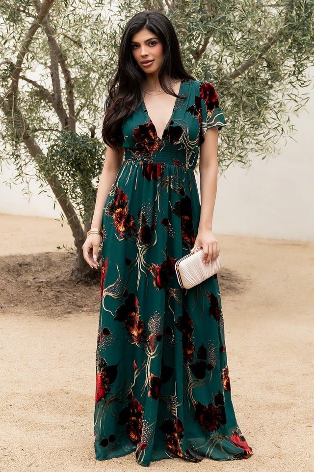 Deep Green Velvet Burnout Maxi Dress — Garden Party Outfits