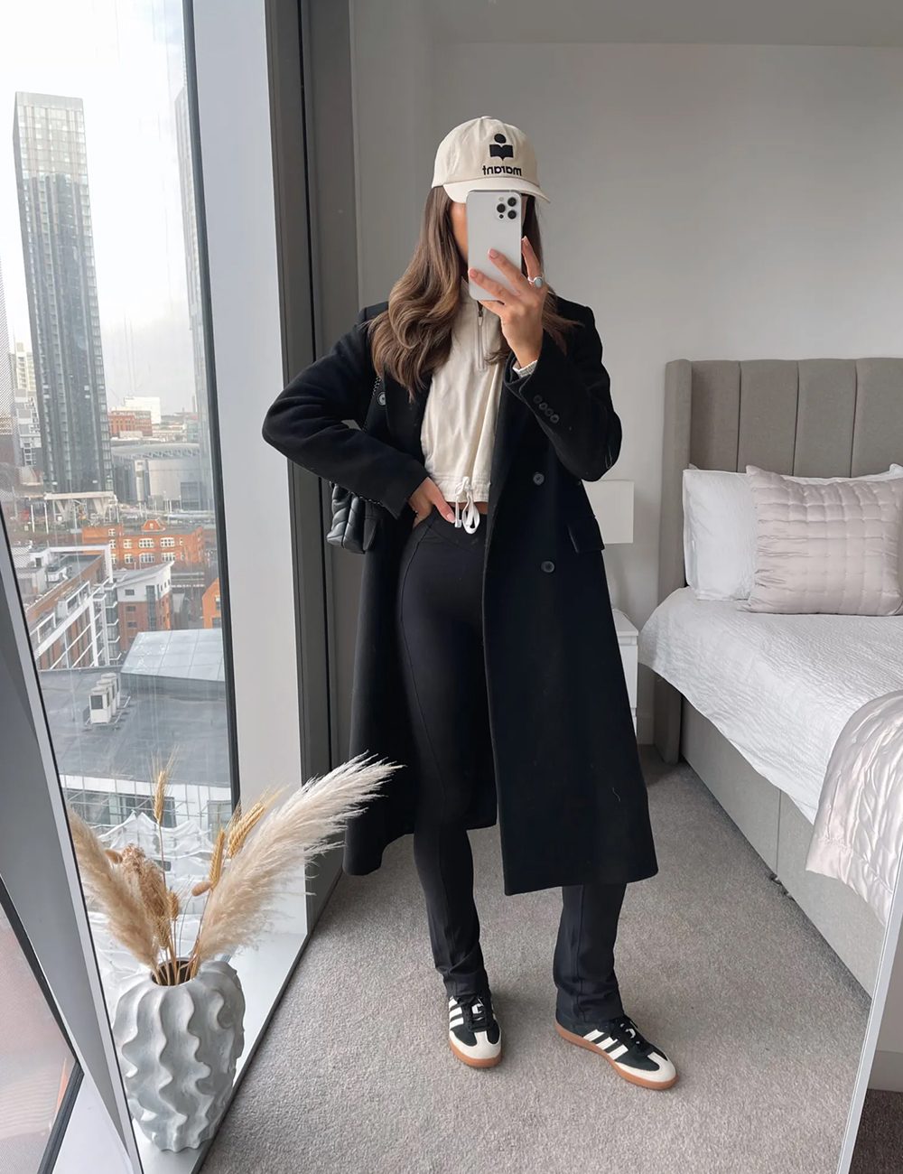 Layered Black Leggings with a Double-Breasted Coat — Legging Outfits