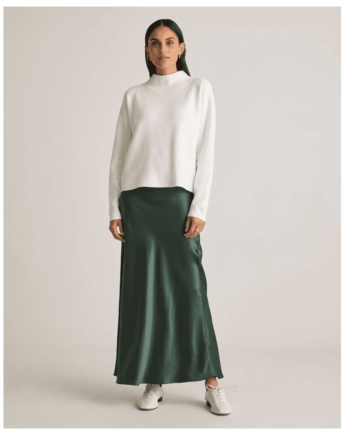 Forest Green Satin Maxi Skirt with White Mock Neck and Sneakers Forest Green Satin Maxi Skirt with White Mock Neck and Sneakers — Satin Skirt Outfits