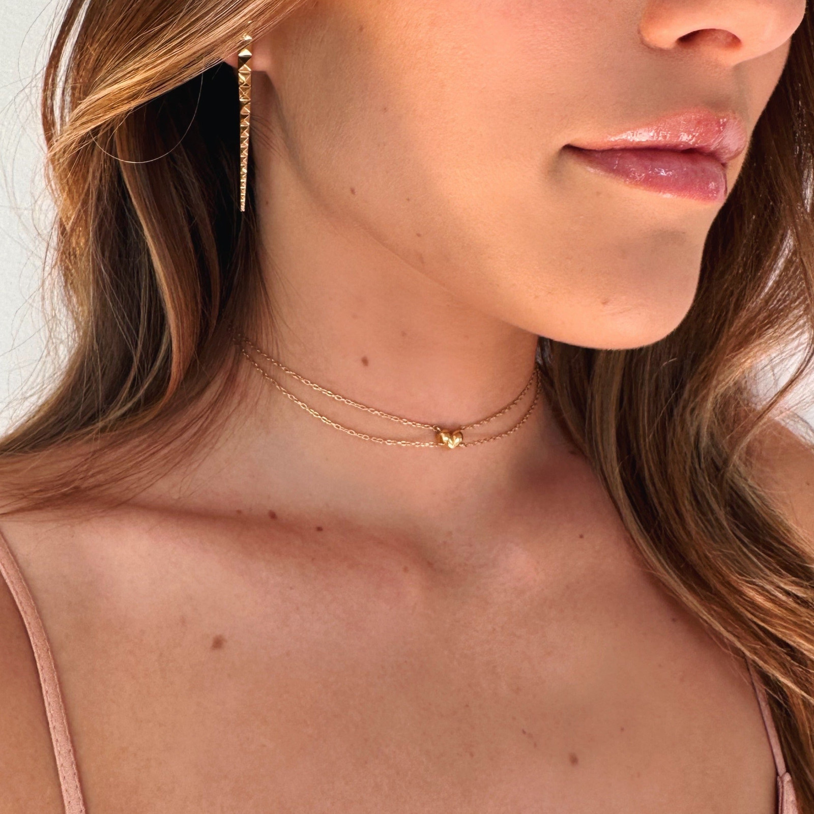 Double Chain Heart Choker with Gold Earrings — Dainty Gold Necklaces