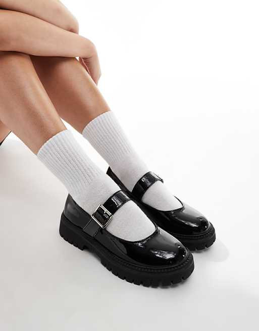 Black Patent Loafers with Platform and White Socks — Chunky Mary Janes Outfits