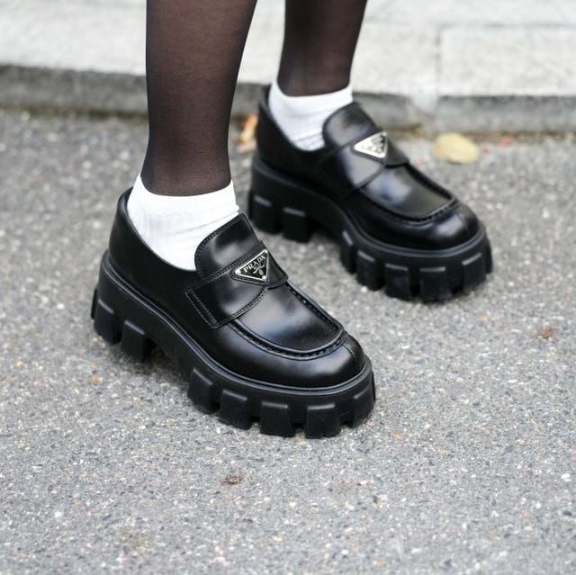 Platform Loafers with Sheer Tights and White Socks — Chunky Loafers Outfits