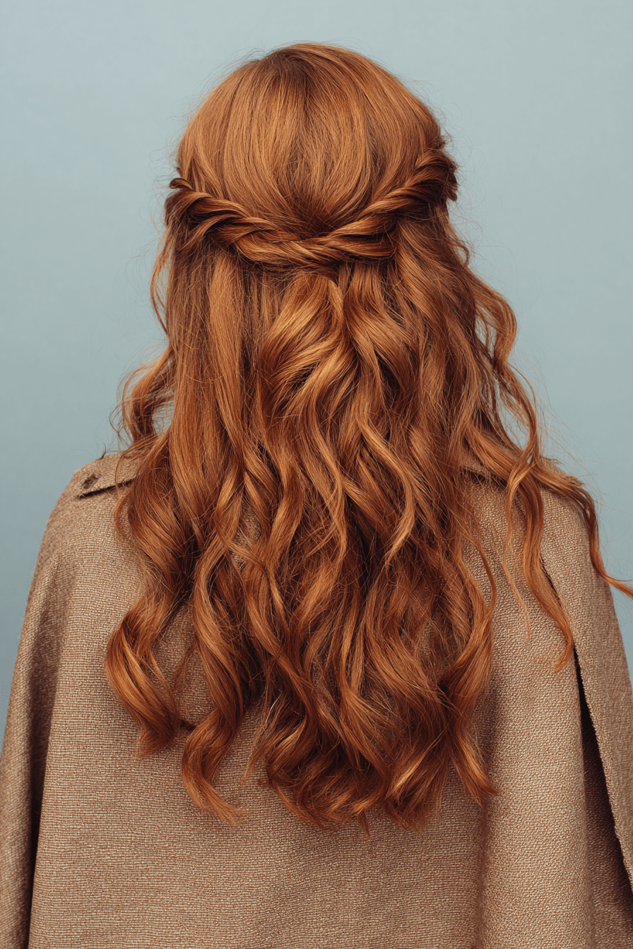Auburn Half Updo With Braided Crown Auburn Half Updo With Braided Crown — Boho Hairstyles