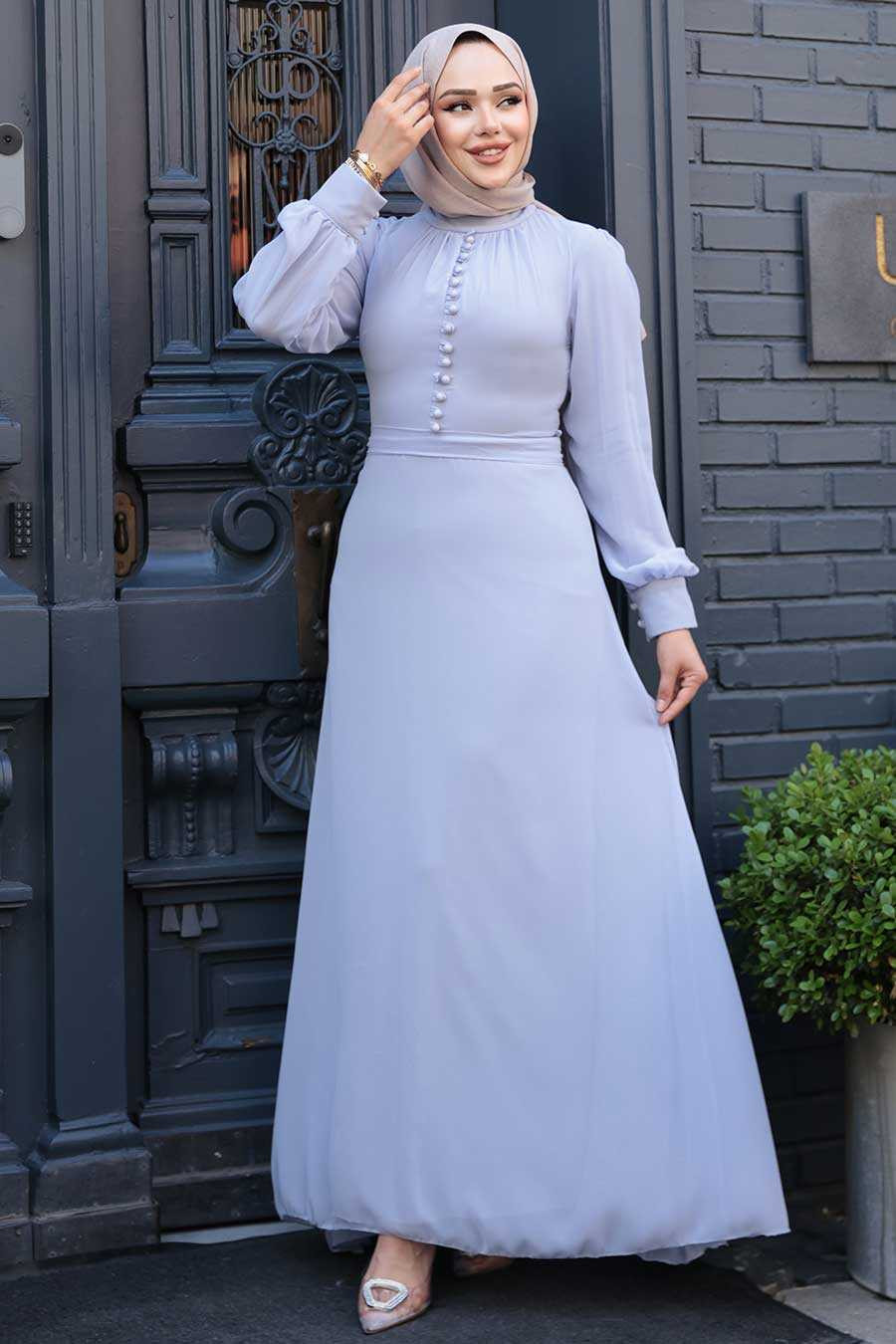 Lavender Chiffon Dress With Front Button Accents — Formal Hijab Outfits